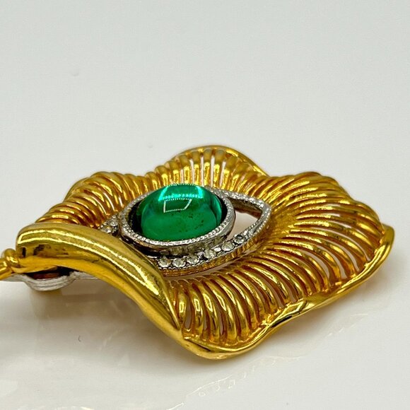 ACCESSOCRAFT Runway Signed Gold Green Evil Eye Rhinestone Filigree Brooch Vtg - Picture 7 of 8